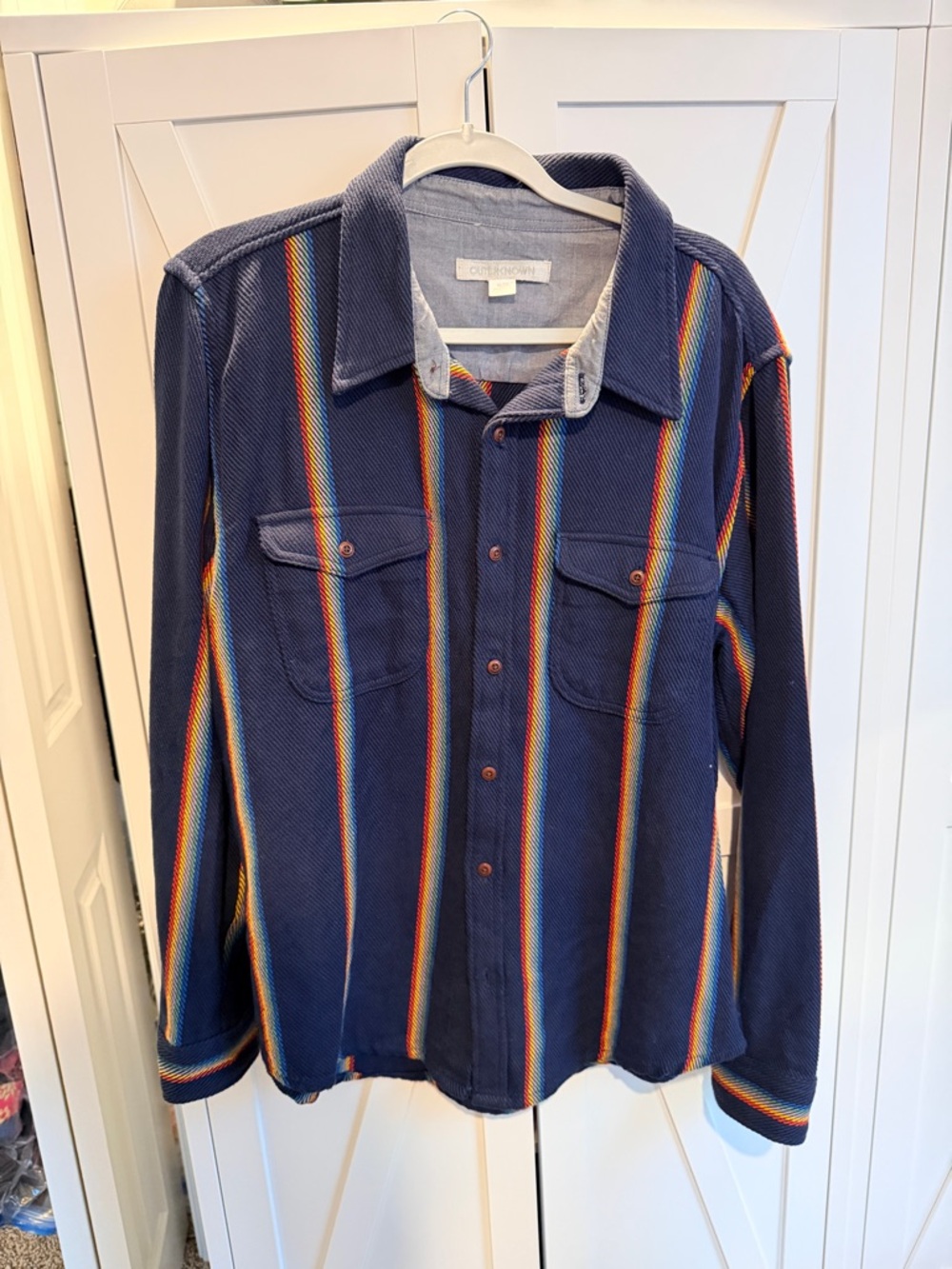 Outerknown Navy Button-Up Shirt with Rainbow Trim
